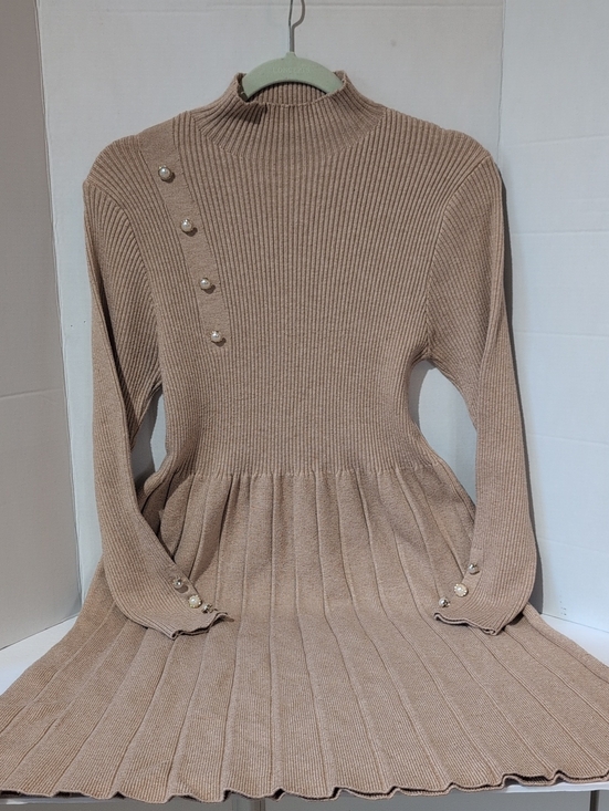 S. Christina Dresses & Skirts - S. Christina 100% Cashmere Sweater Dress L/Xl in Taupe Pleated Pearl Look Button